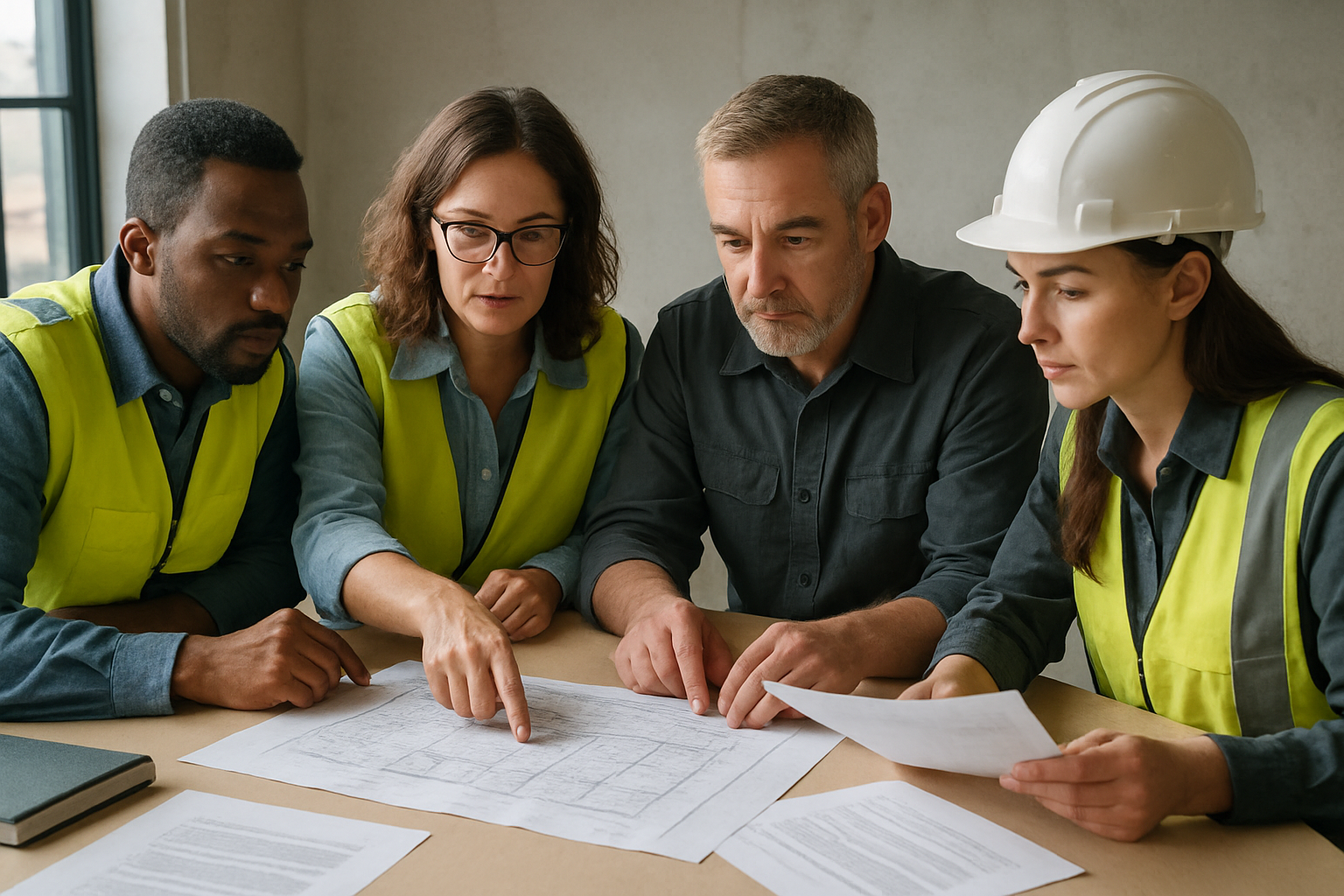 Four construction professionals in reflective vests and one in a hard hat analyze blueprints and project documents on a table.
