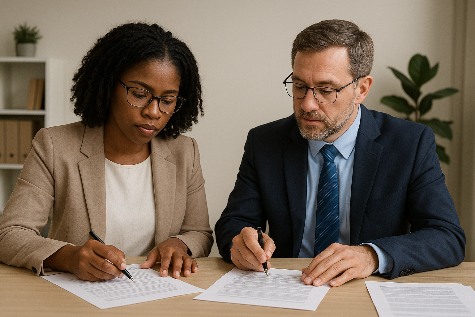 A man in a navy suit and a woman in a beige blazer, both wearing glasses, review documents at a desk in a neutral-toned office.