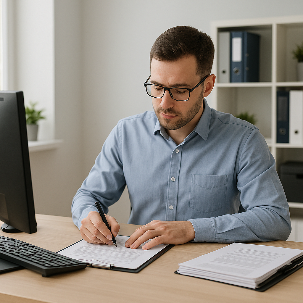 A man with glasses focuses intently on writing on a clipboard at an office desk. Nearby, a computer monitor and documents provide a professional setting.