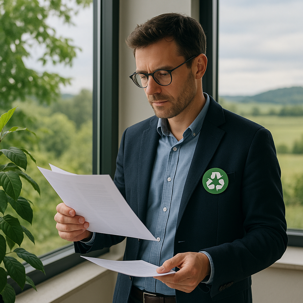 A man wearing glasses, a suit, and a recycling badge reads documents by a window with a view of a lush green landscape and hills.