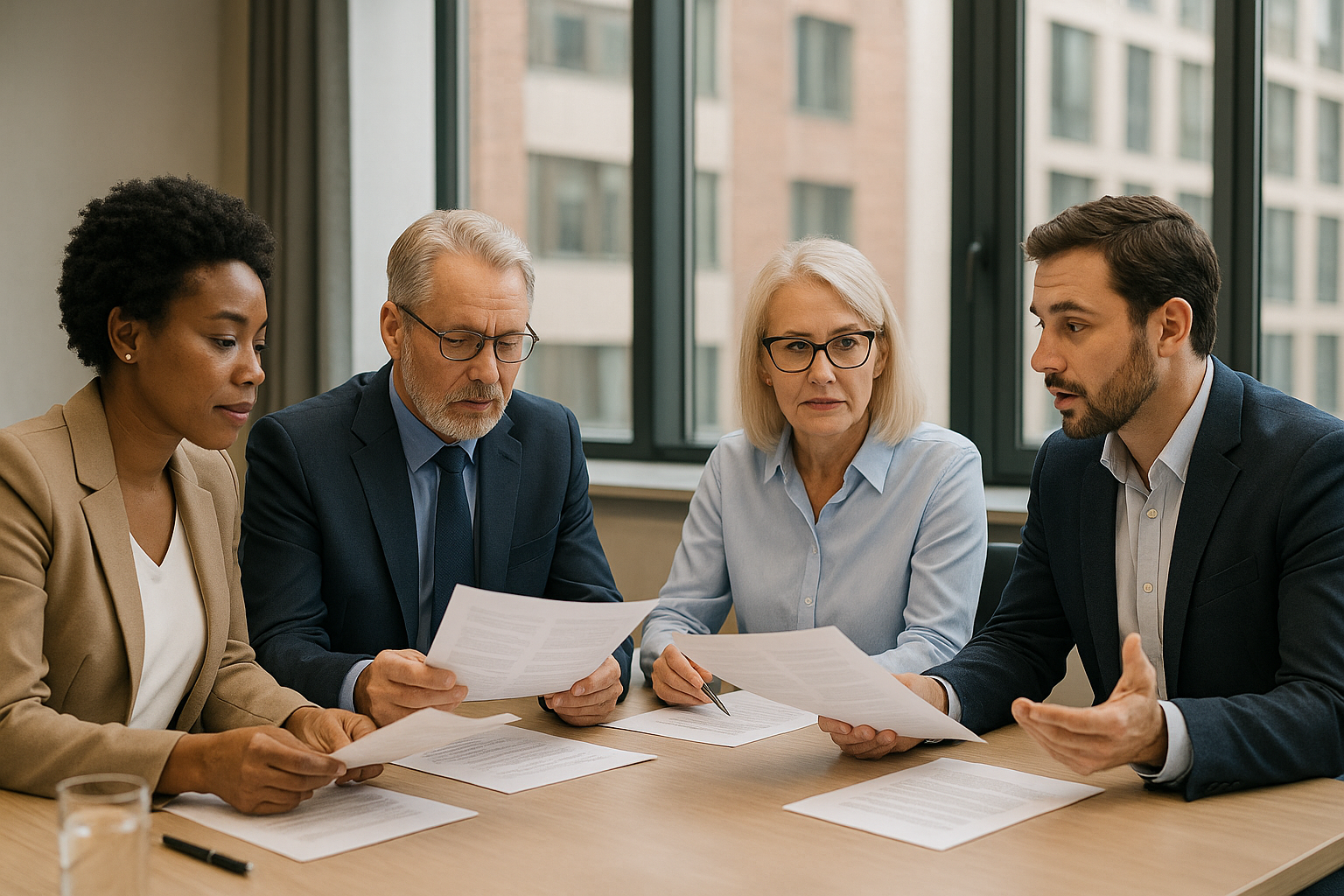Four colleagues sit at a conference table reviewing documents, engaged in discussion. A large window reveals an urban backdrop.