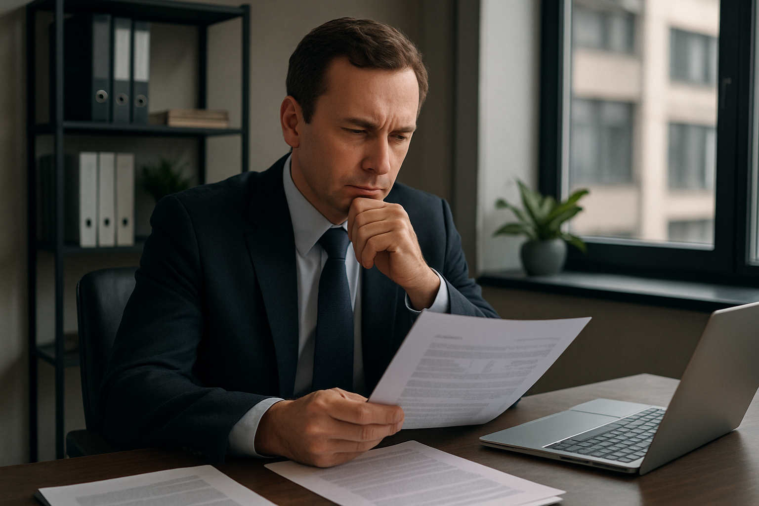 A man in a suit and tie sits at a desk, intently reviewing documents. A laptop is open beside him, with a window and a plant in the background.