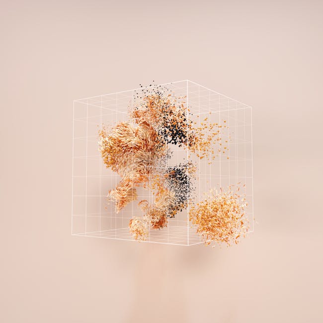A conceptual 3D cube displaying abstract data visualization with dynamic particles.