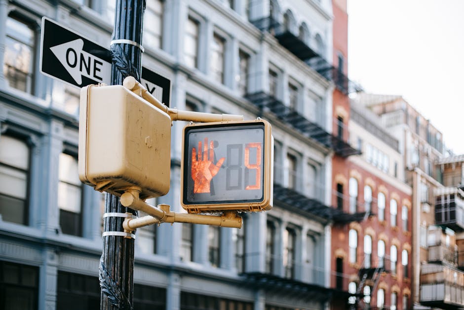 City scene featuring a traffic light and surrounding urban architecture.