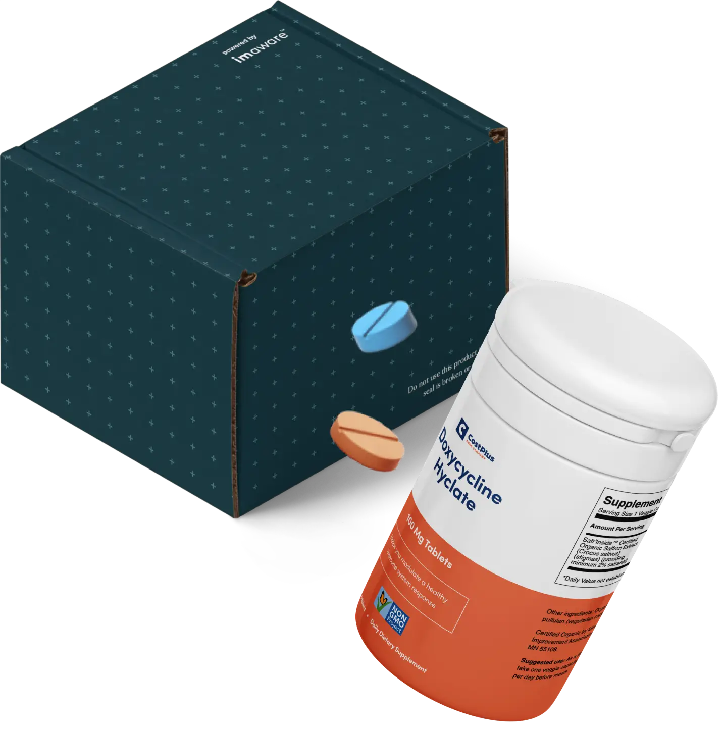 imaware at-home health testing kit box and medication bottle displayed on a studio background