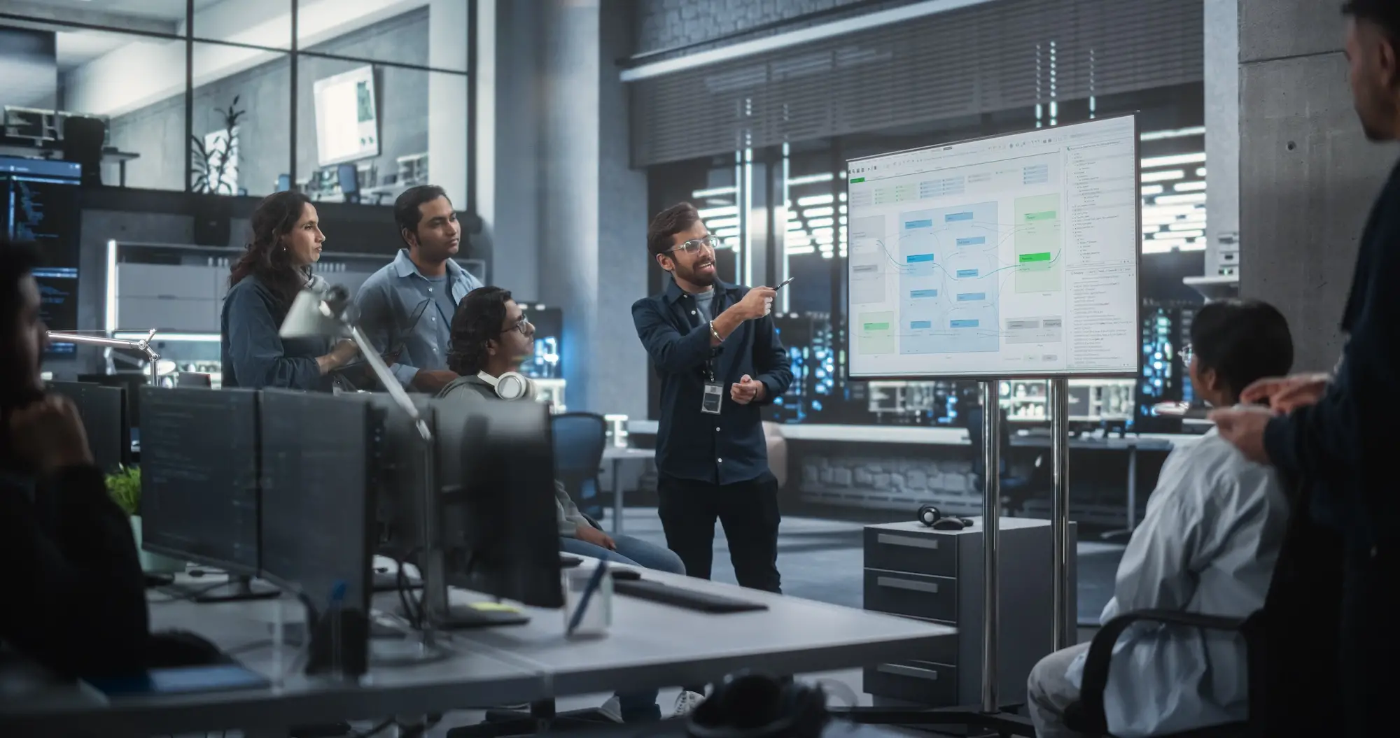 Technology team reviewing system architecture and data backup workflows on a large digital display