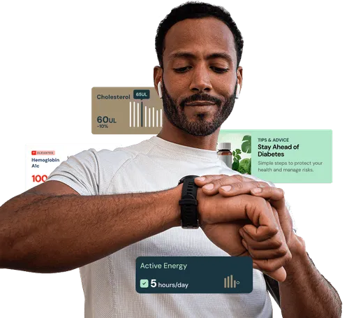 Man wearing wireless earbuds checking a smartwatch while viewing personal health metrics and wellness insights