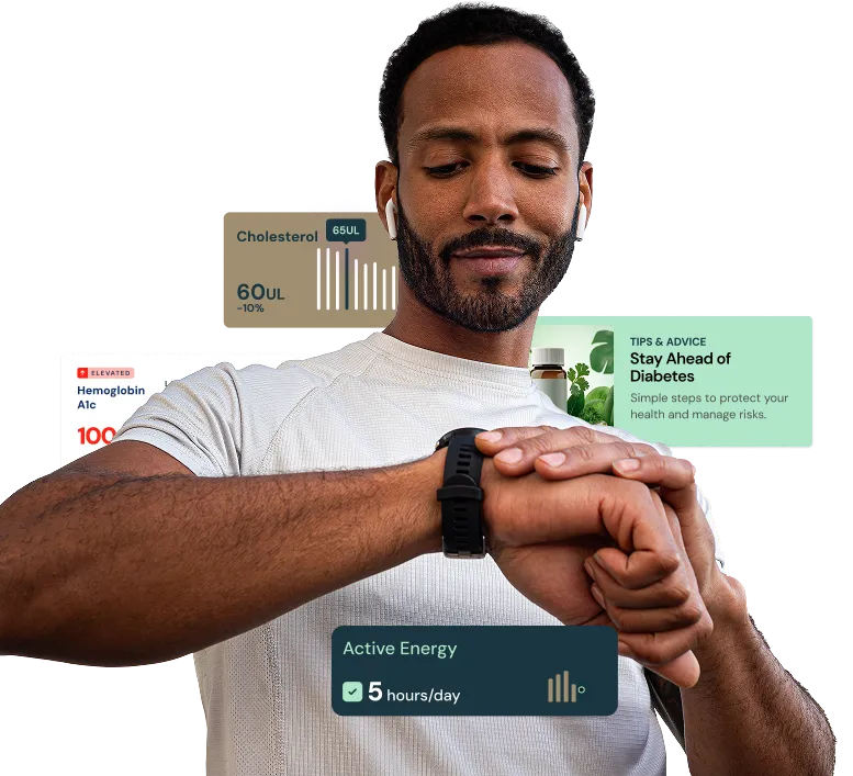 Man wearing wireless earbuds checking a smartwatch while viewing personal health metrics and wellness insights