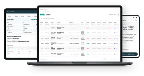 Health diagnostics dashboard displaying partner orders, patient records, and test result analytics across desktop and mobile devices