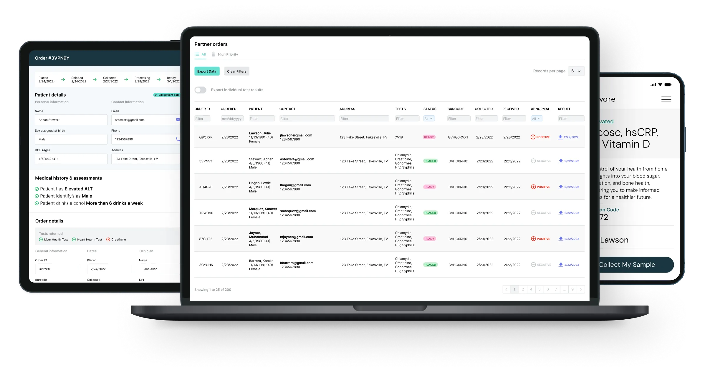 Health diagnostics dashboard displaying partner orders, patient records, and test result analytics across desktop and mobile devices