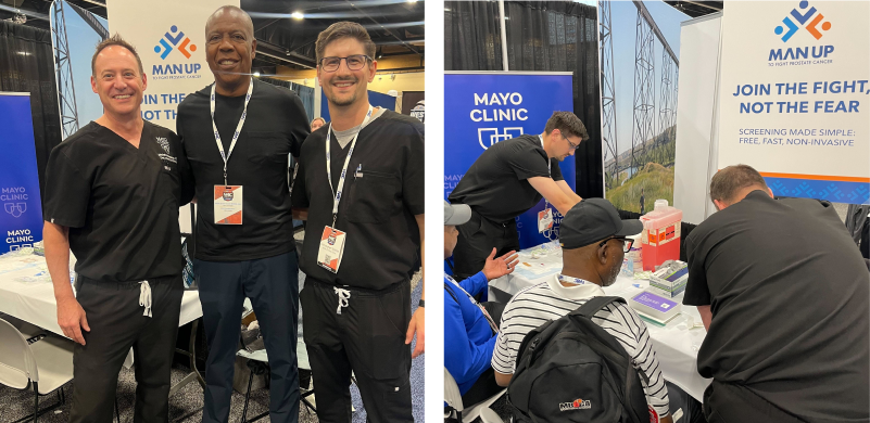 Two Mayo Clinic doctors are (picture 1) standing with ManUp founder; (picture 2) assisting participants with their screening tests