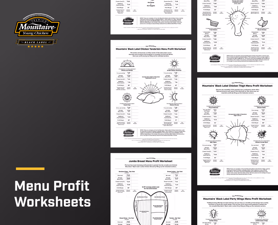 Three detailed Mountaire menu profit worksheets side by side illustrating profit margins for Black Label Chicken Chop, Jumbo Breast, and Party Wings.