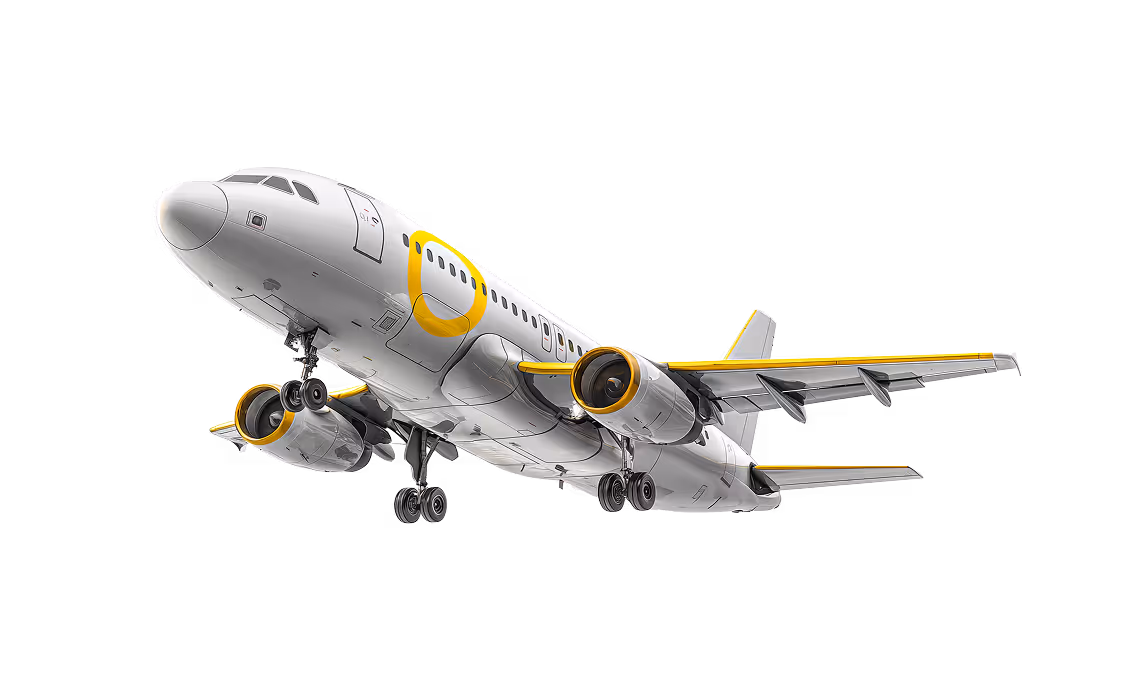 Commercial airplane with white body and yellow accents on engines, wings, and fuselage, viewed from below and front-right angle.
