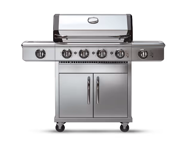 Stainless steel outdoor gas grill with five control knobs, storage cabinet, and wheels.