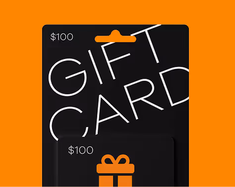 Black gift card with $100 value displayed twice and an orange gift box icon on an orange background.