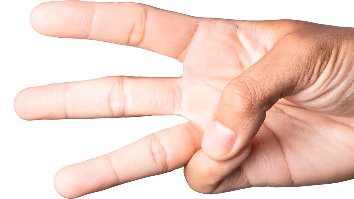 Right hand showing the gesture for the number three with thumb holding the ring finger down.