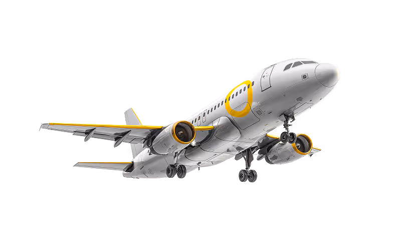 Commercial airplane with yellow accents on wings and engines flying with landing gear extended.
