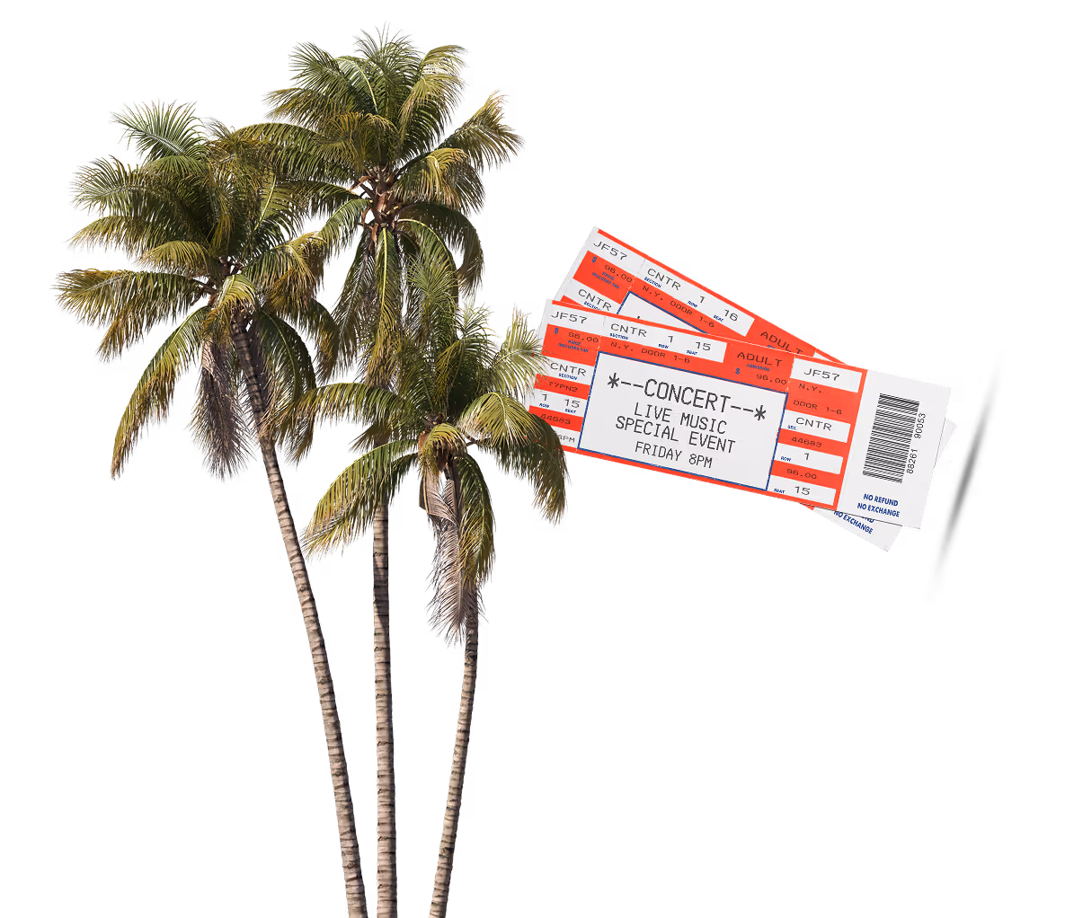 Three palm trees with a pair of concert tickets showing a live music special event on Friday at 8 PM.