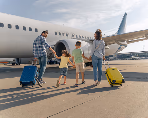 Family of four walking hand in hand with luggage toward an airplane on the runway.