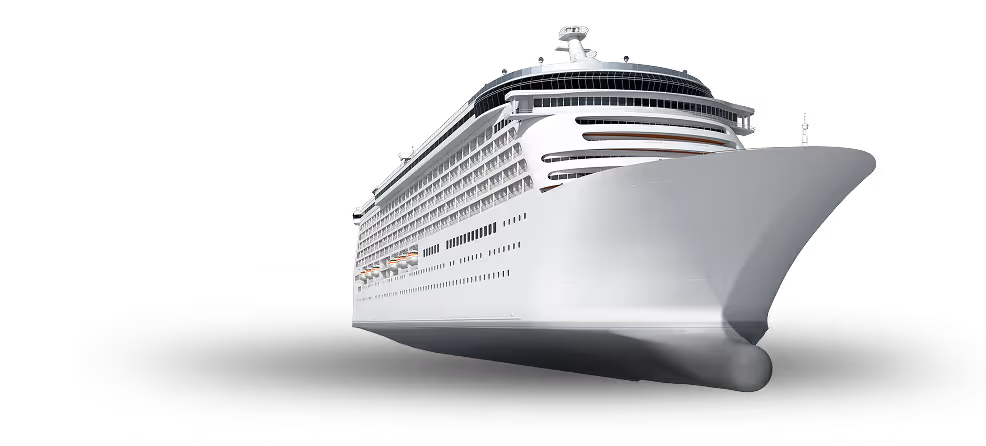 Large white modern cruise ship viewed from the front with multiple decks and rows of windows.