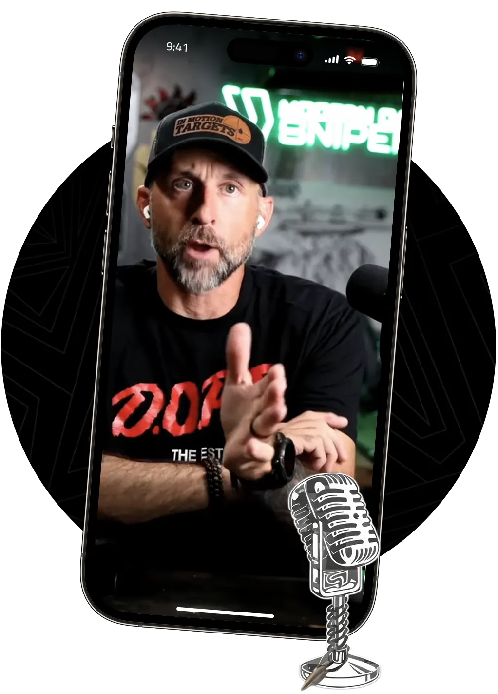 Man speaking in a podcast setup with AirPods and a microphone.