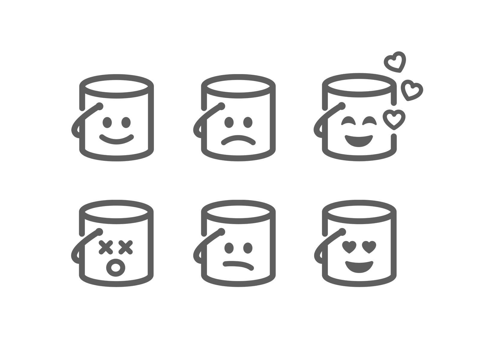 Six illustrations of a paint can with various facial expressions, known as Canmoji. Created for the Color Expert app in 2024.