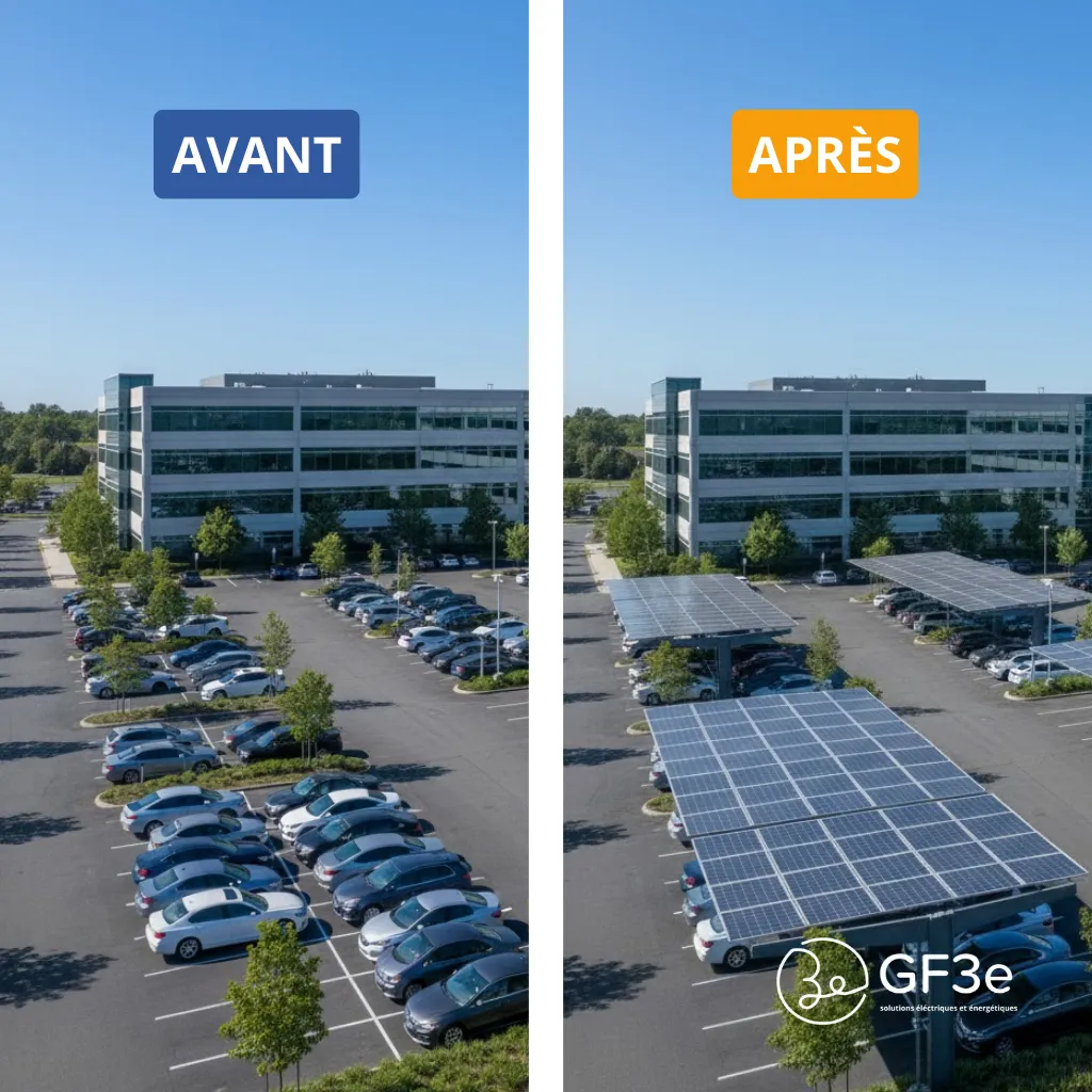 Parking avant sans ombrières et après avec des ombrières photovoltaïques au-dessus des voitures.