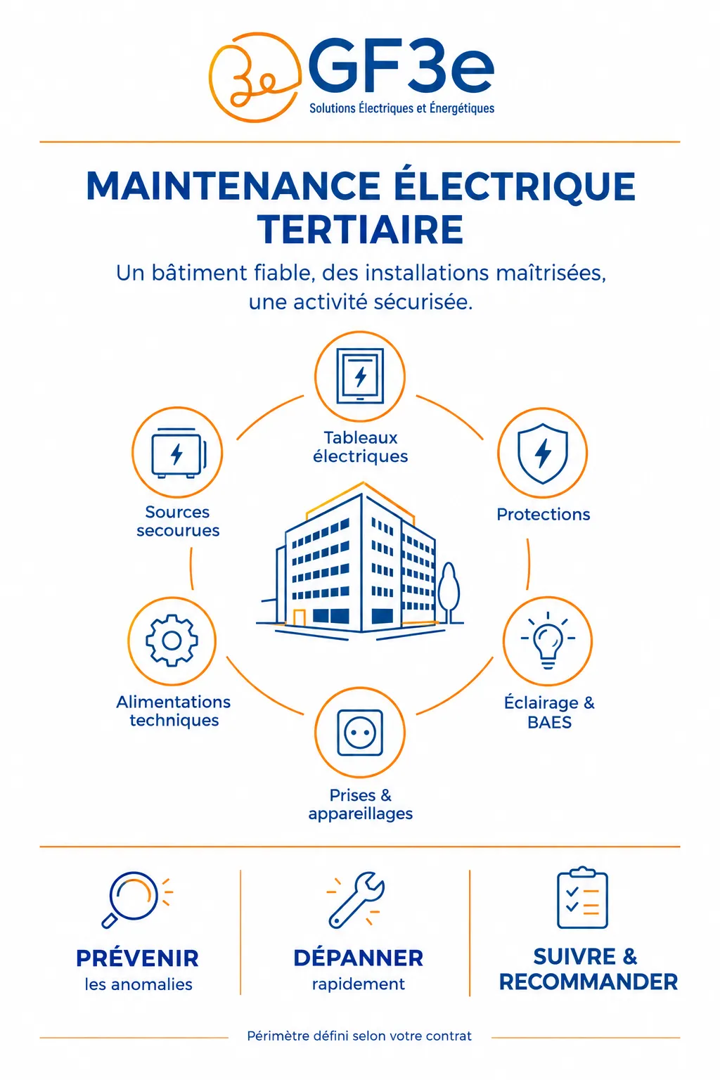 Illustration décrivant la maintenance électrique tertiaire avec un bâtiment au centre entouré d'icônes représentant tableaux électriques, protections, éclairage & BAES, prises & appareillages, alimentations techniques, et sources secourues, avec les actions Prévenir les anomalies, Dépanner rapidement, et Suivre & Recommander.