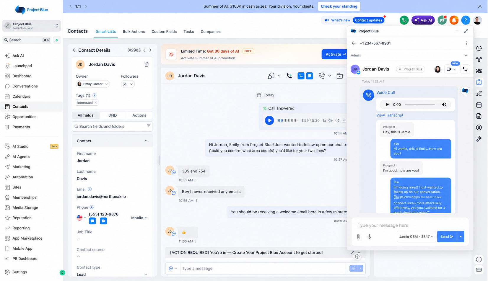 Calls, recordings, and AI transcripts on the contact timeline