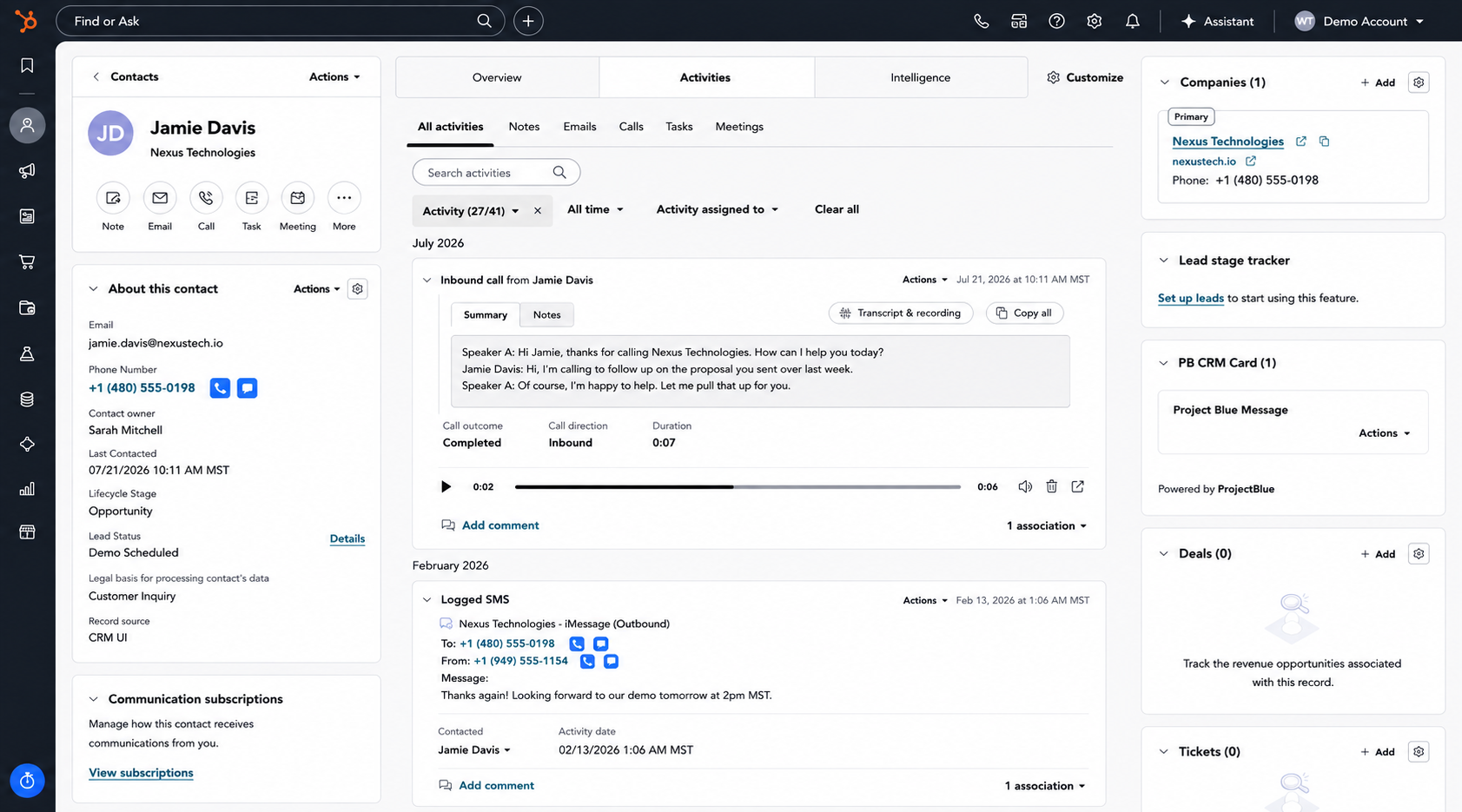 Calls, recordings, and AI transcripts on the contact record