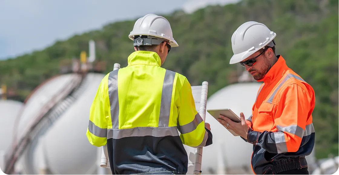 Tradesmen on site on ipad