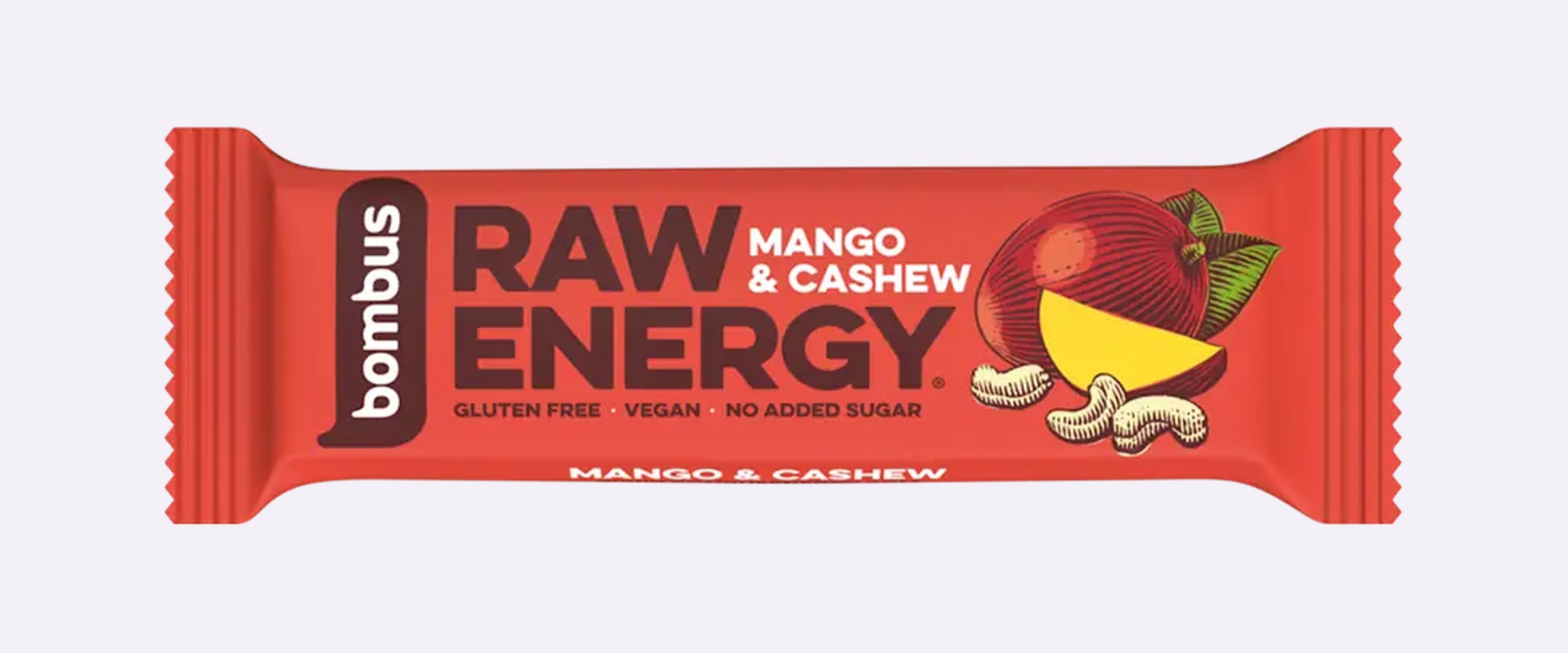 Původní obal tyčinky Bombus RAW Energy Mango & Cashew s hnědým logem