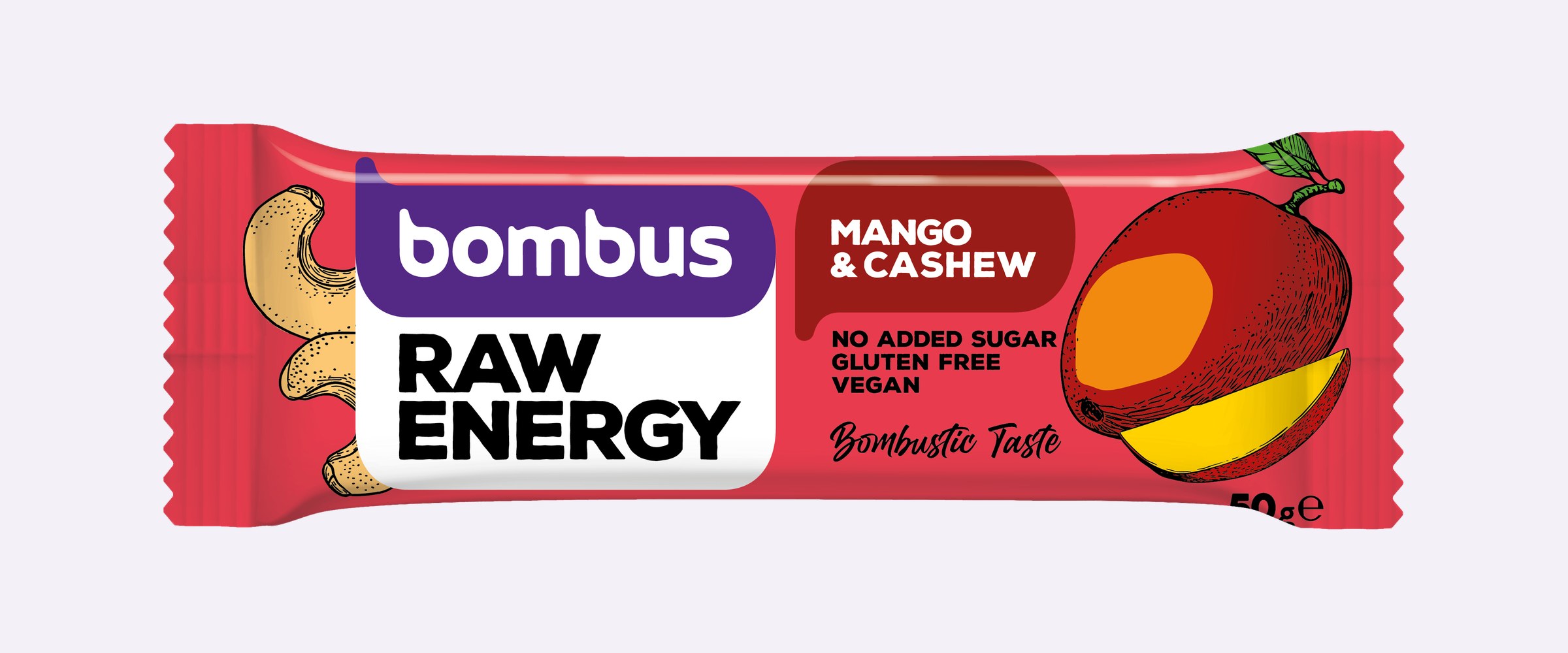Nový obal tyčinky Bombus RAW Energy Mango & Cashew s fialovým logem