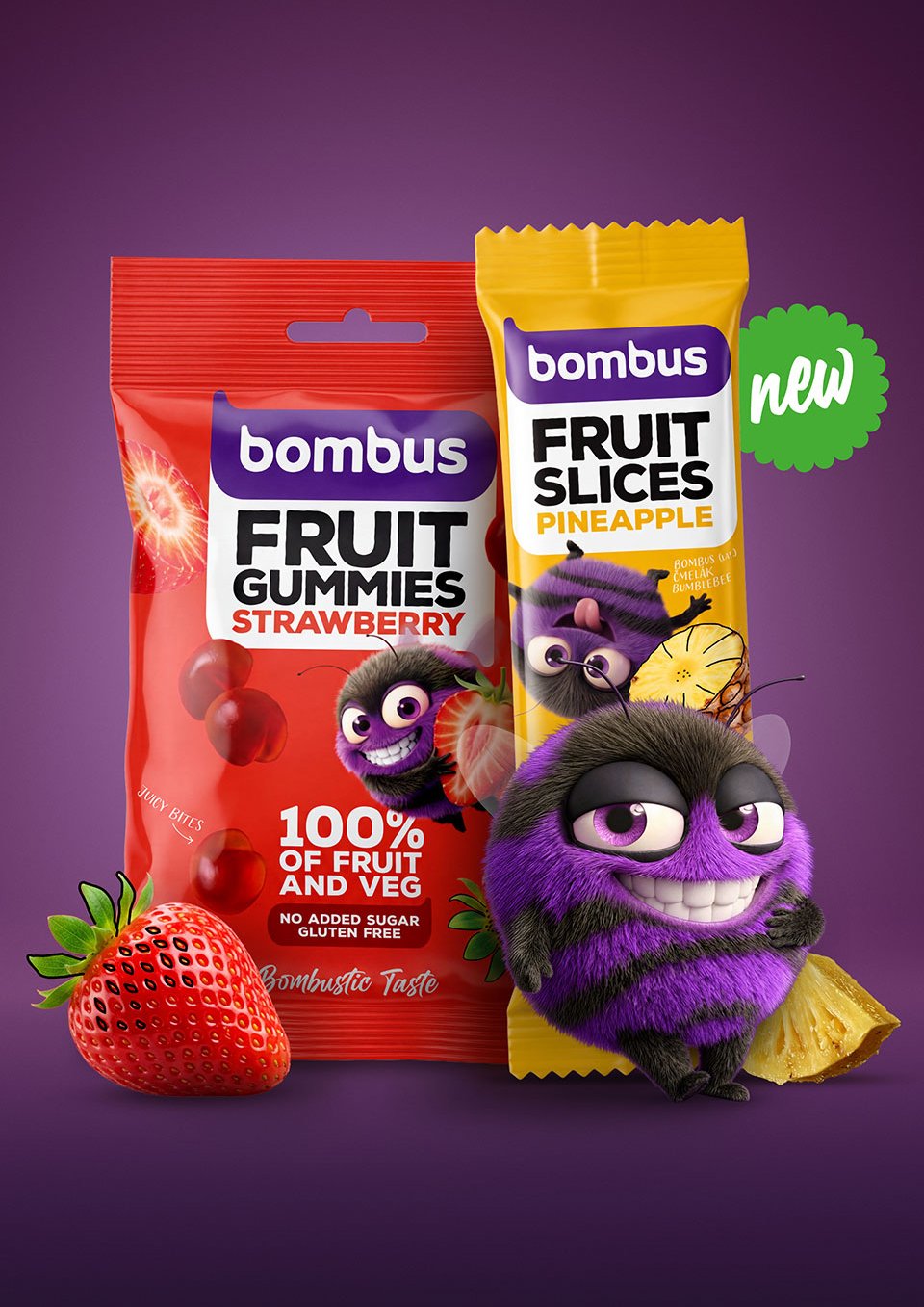 Klíčový vizuál kampaně Bombus Kids s Fruit Gummies a Fruit Slices