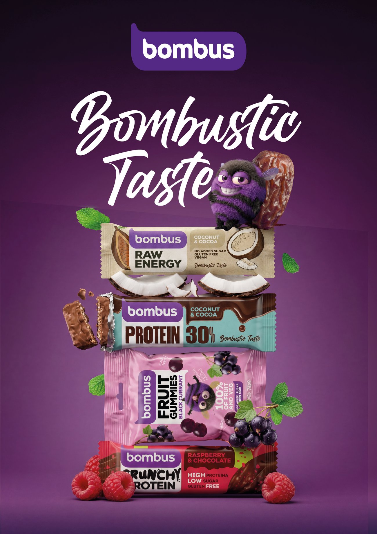 Klíčový vizuál Bombustic Taste s čmelákem a produkty Bombus