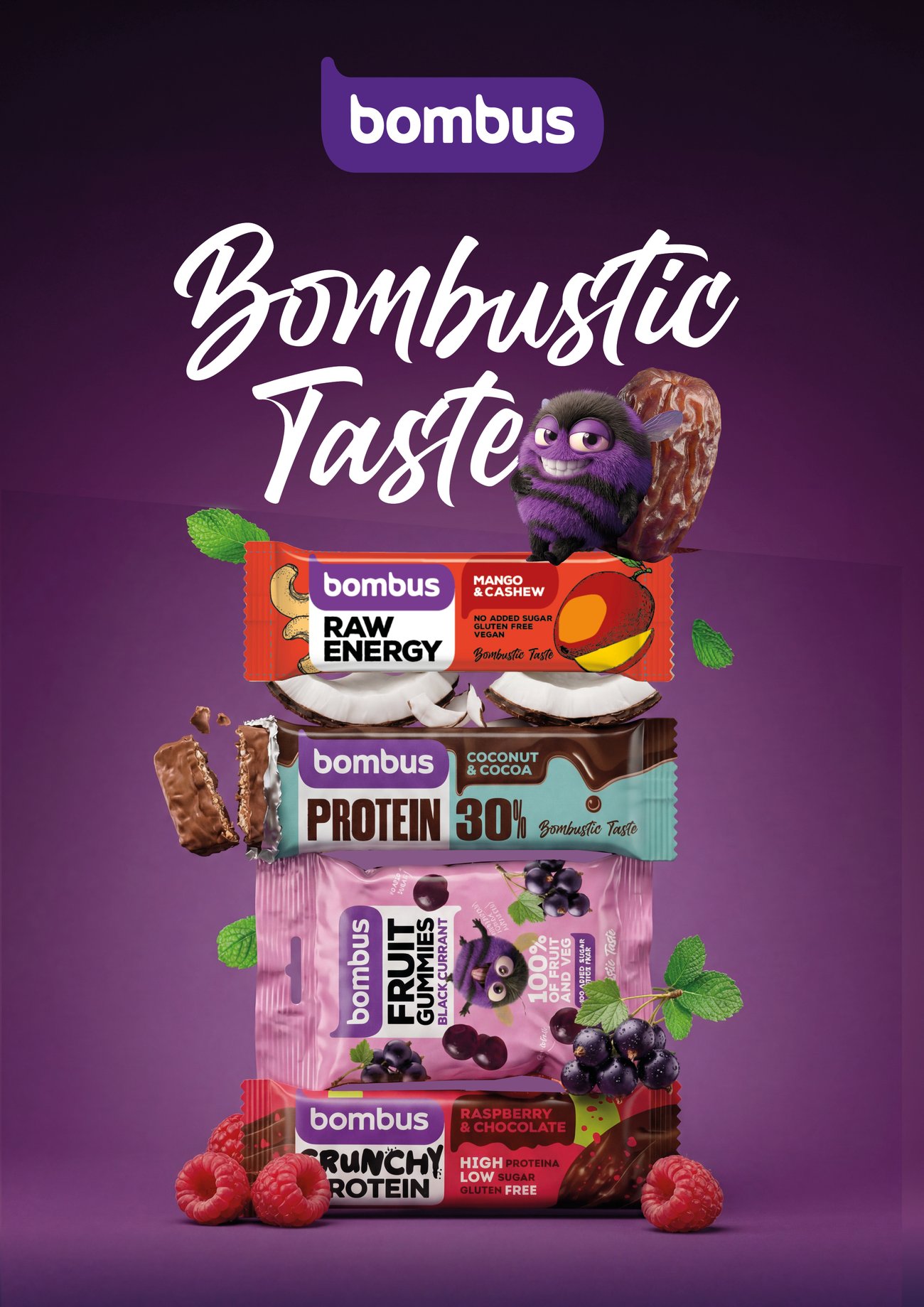 Klíčový vizuál Bombustic Taste s čmelákem a produkty Bombus