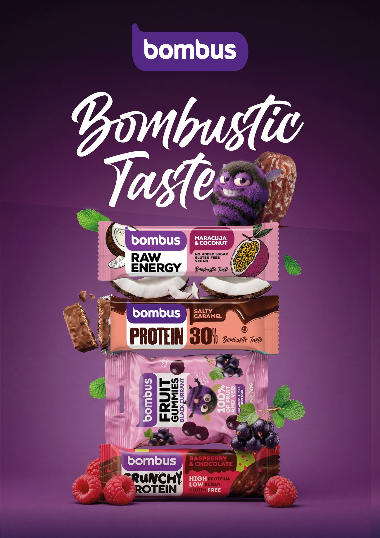 Klíčový vizuál Bombustic Taste s čmelákem a produkty Bombus
