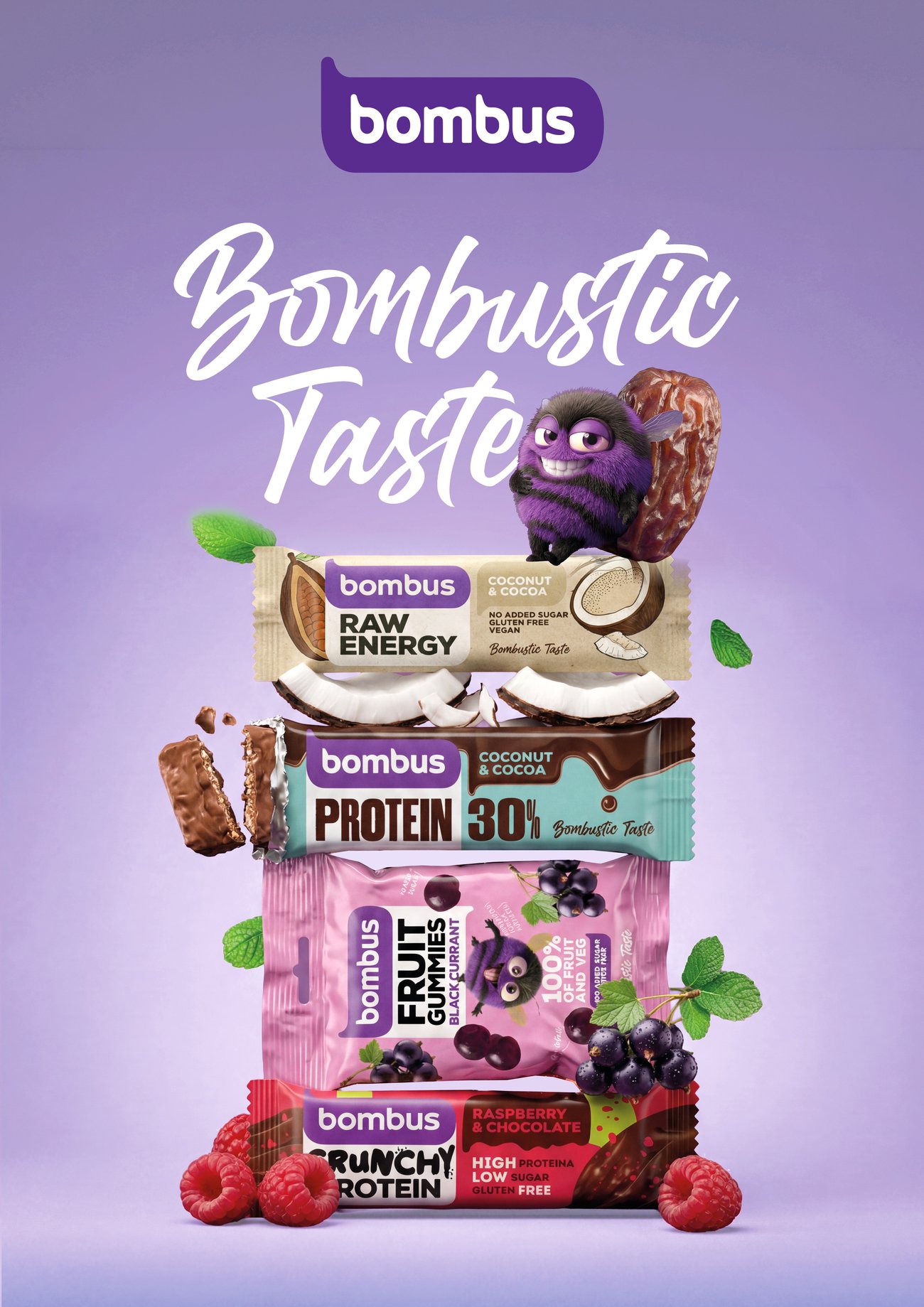 Klíčový vizuál Bombustic Taste s čmelákem a produkty Bombus