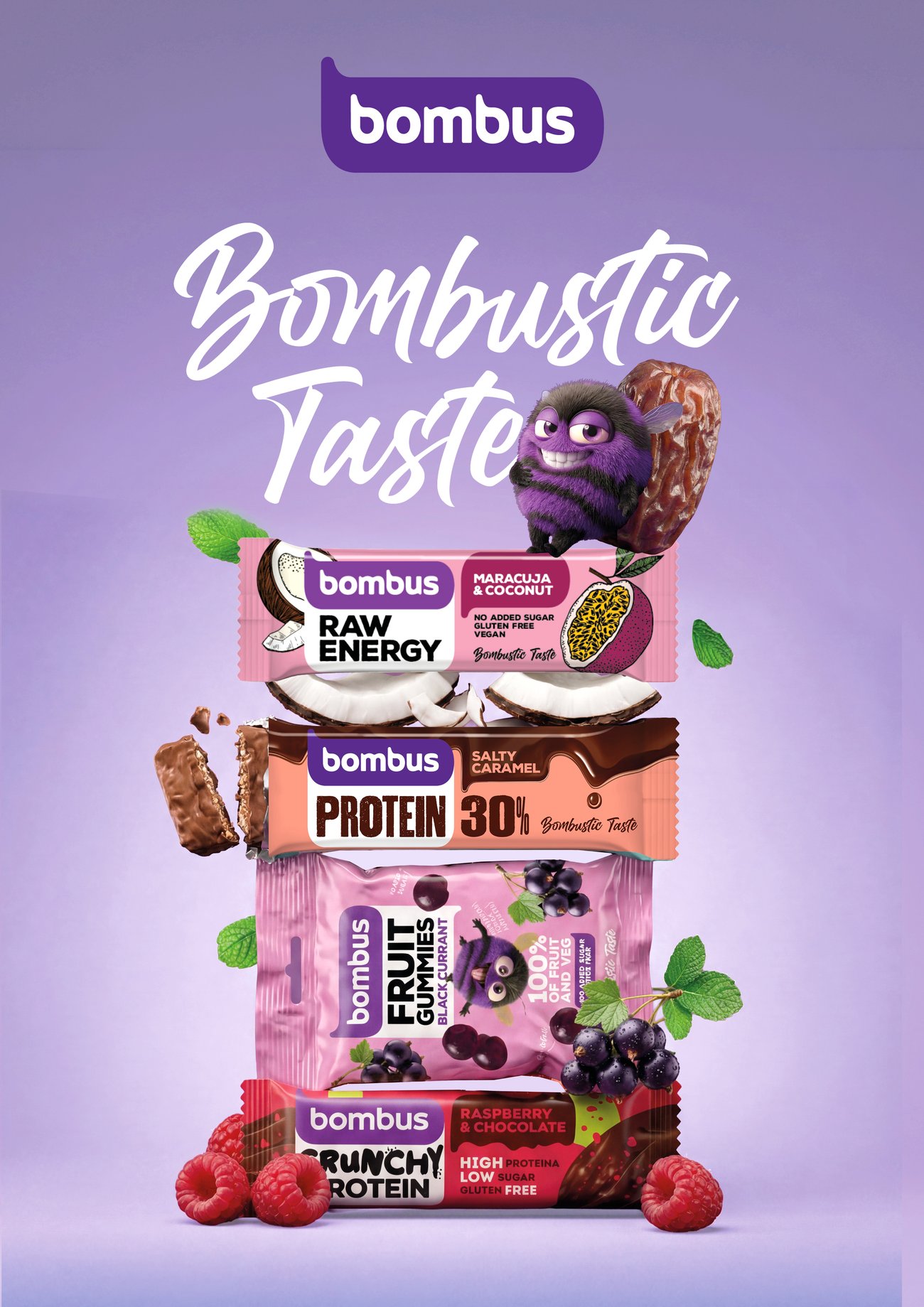 Klíčový vizuál Bombustic Taste s čmelákem a produkty Bombus