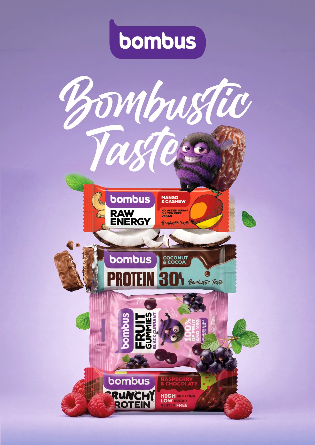 Klíčový vizuál Bombustic Taste s čmelákem a produkty Bombus