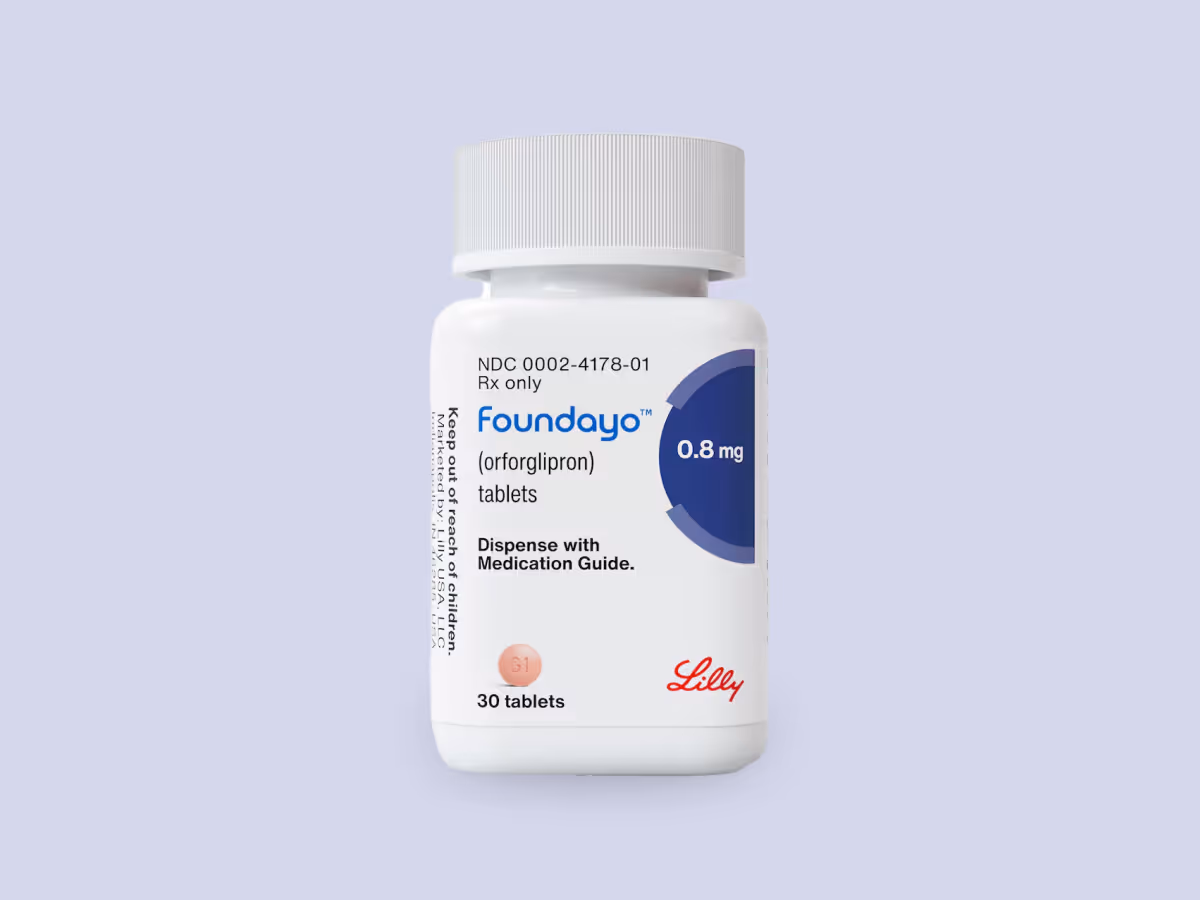 Bottle of Foundayo orforglipron 0.8 mg tablets by Lilly, containing 30 tablets.