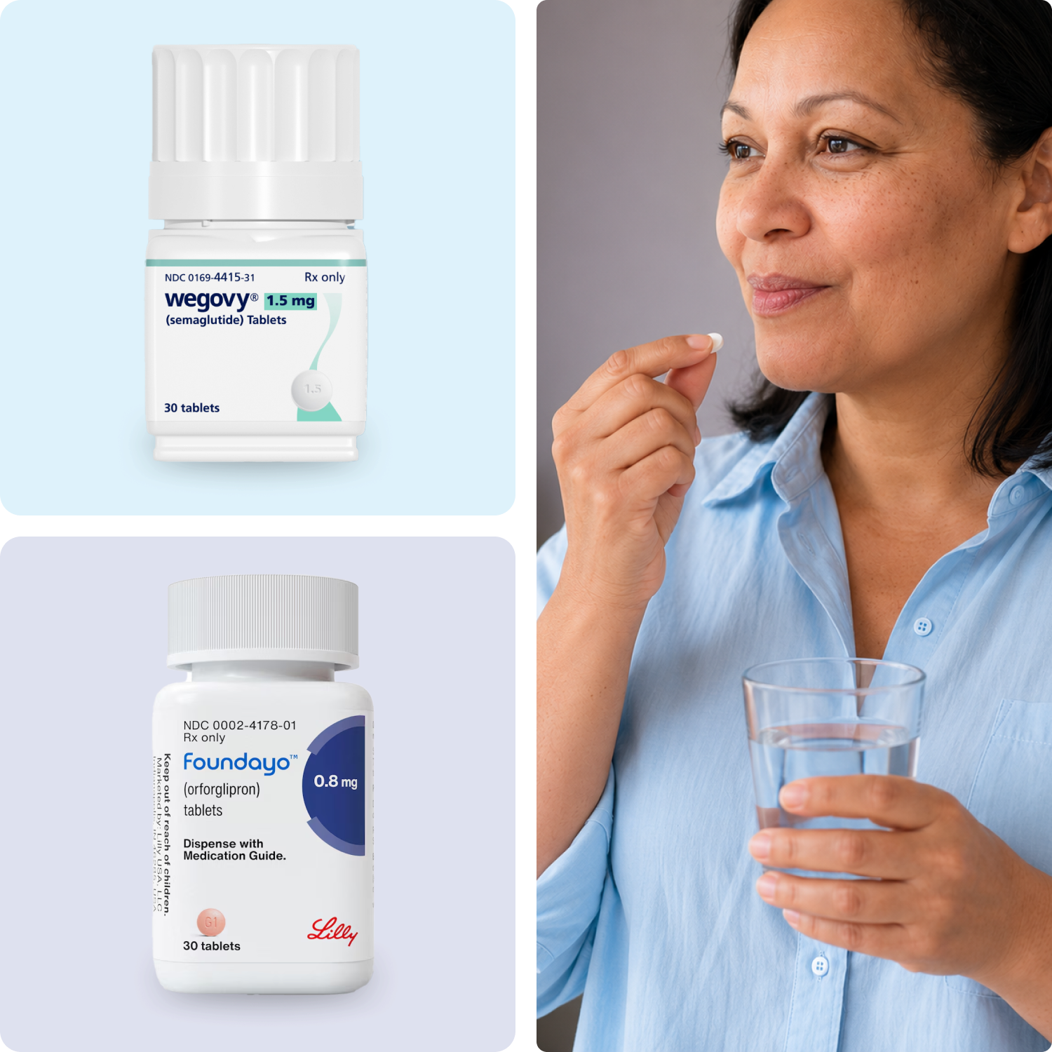 Woman in purple shirt holding a glass of water and taking a pill, with two medication bottles displayed.