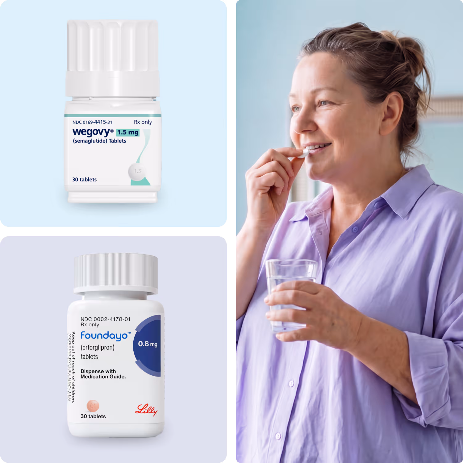 Woman in purple shirt holding a glass of water and taking a pill, with two medication bottles displayed.