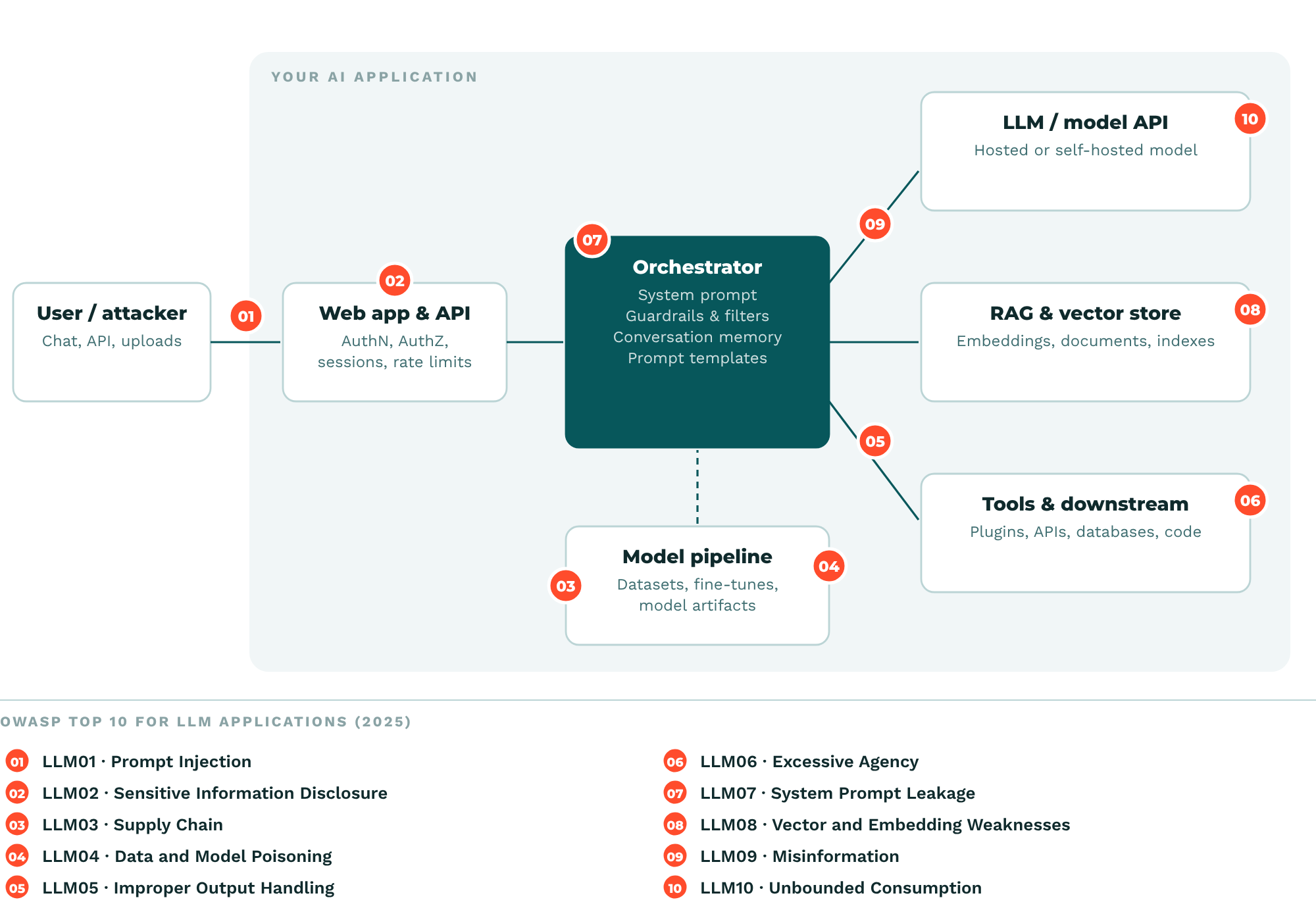 Architecture diagram of an LLM application: user, web app and API, orchestrator with system prompt and guardrails, model API, RAG vector store, tools and downstream systems, and the training pipeline. Ten numbered markers place each OWASP Top 10 for LLM Applications 2025 risk where it is tested.