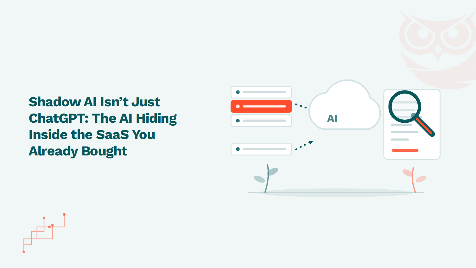 Flat vector illustration of stacked SaaS application windows on a pale blue background, with small orange AI toggle switches turned on inside them