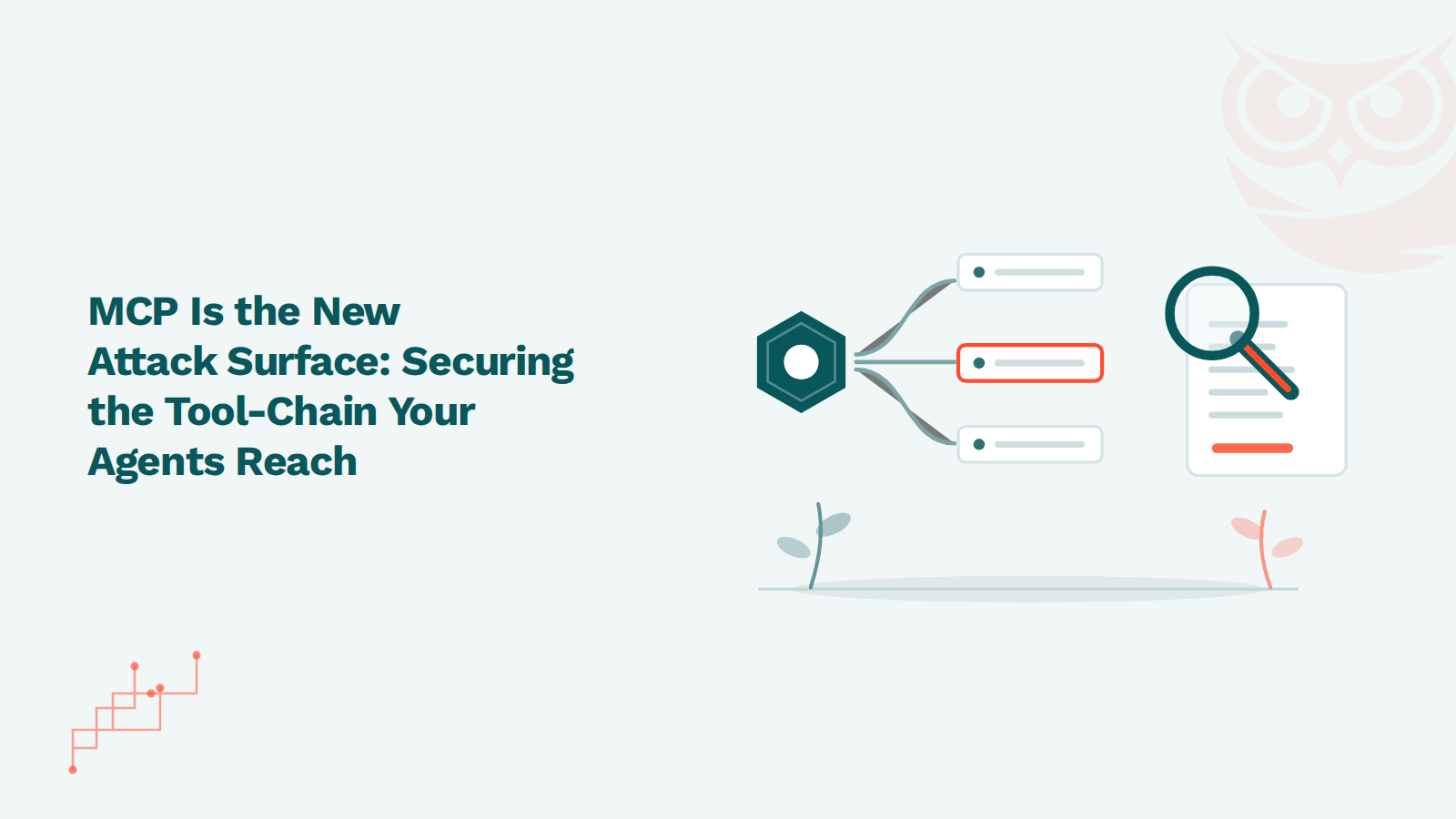 Flat vector illustration of an AI agent connected to several tool servers, one of them unverified, on a pale ice-blue ground