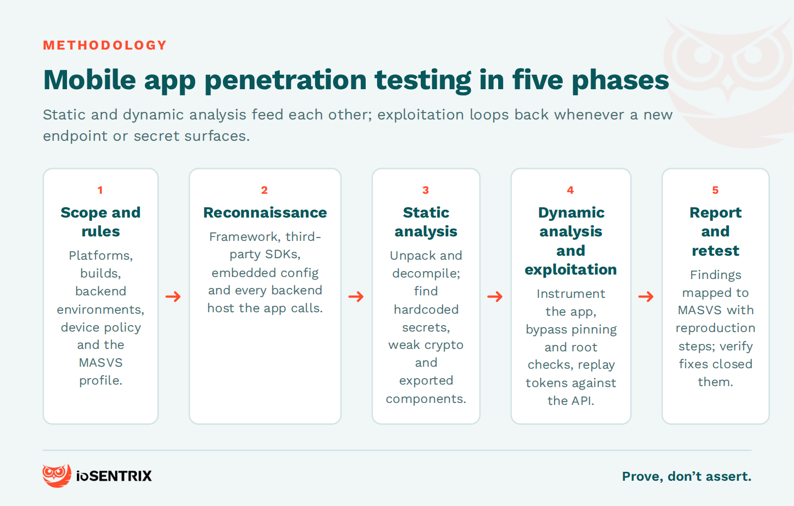 Mobile app penetration testing methodology: scope, reconnaissance, static analysis, dynamic analysis and exploitation, reporting