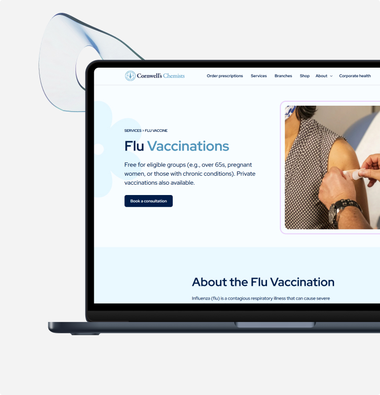 A laptop showing a pharmacy website service page