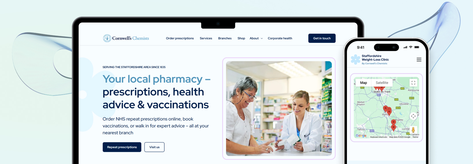 Mockups of Deltera made pharmacy websites in a macbook and iphone
