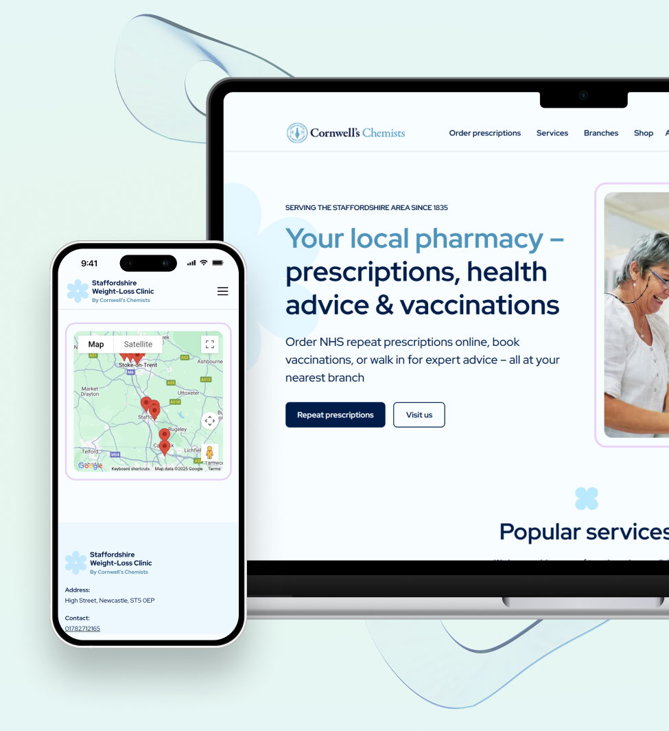 Mockups of Deltera made pharmacy websites in a macbook and iphone